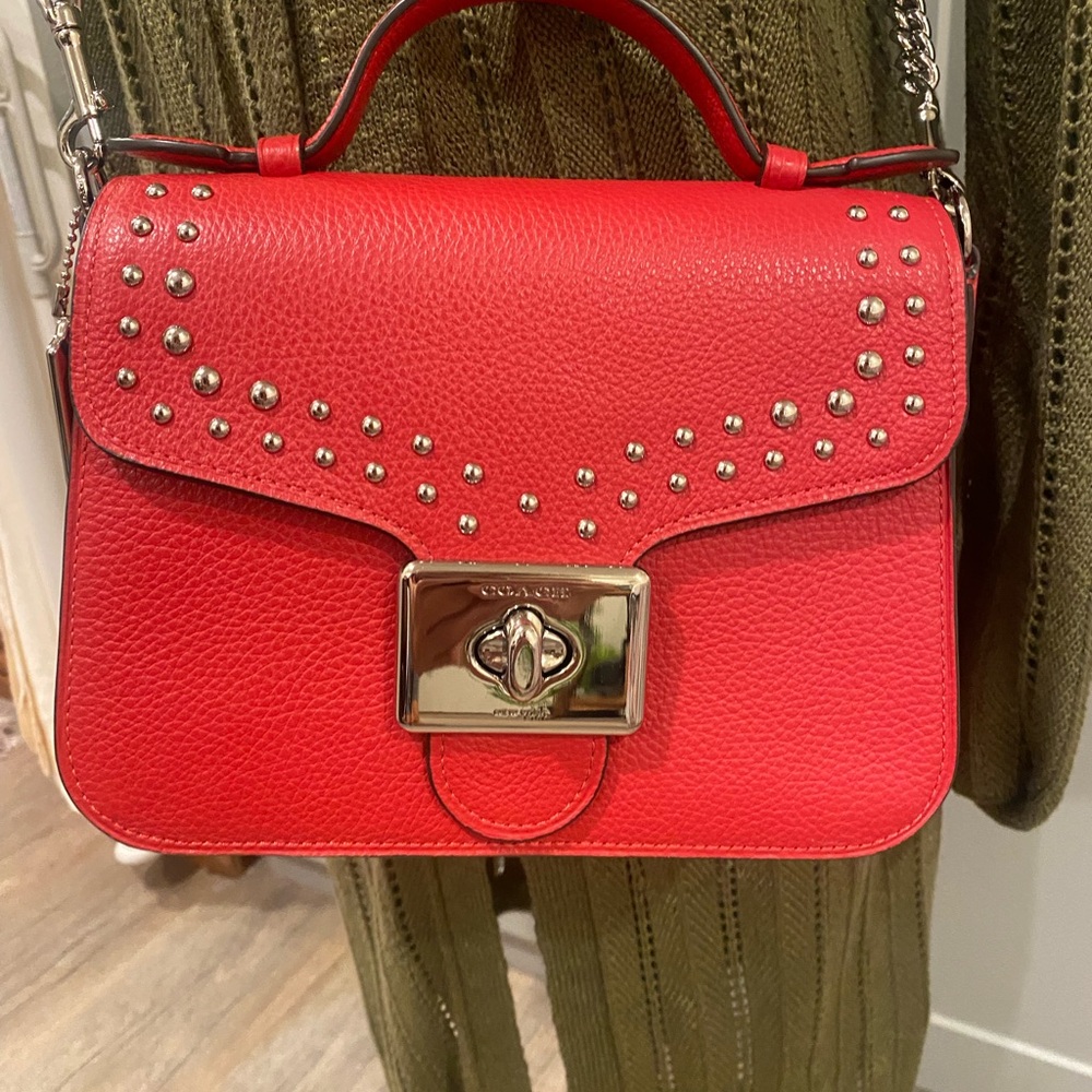Bright cardinal refined pebble leather Coach crossbody purse, new